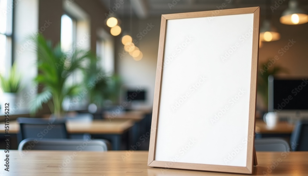 Poster empty wooden frame on table in modern office with greenery