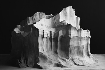 Monochrome image of a textured, layered geological formation resembling a mountain range or iceberg on a flat surface against a dark background.