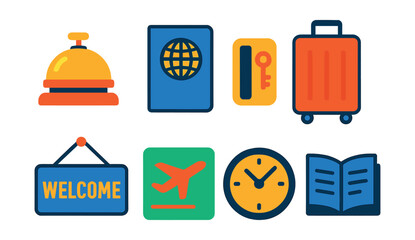 Flat vector icons of check-in and check-out: reception bell, passport, keycard, suitcase, welcome sign, departure icon, clock, guestbook.
