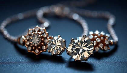close up of a diamond necklace on a blue surface