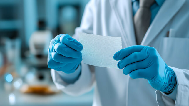 Scientist in blue gloves holding biodegradable medical mesh sheet in lab, ideal for biotech innovation, wound care visuals, and scientific publishing