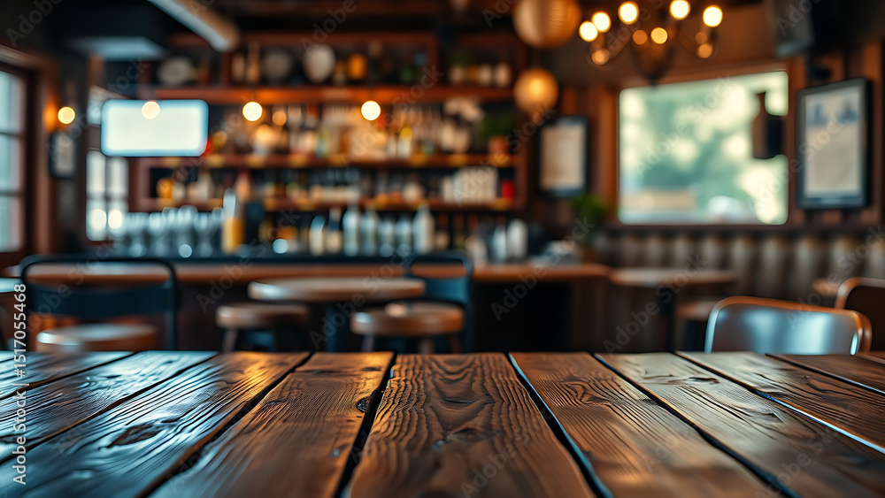 Aufkleber empty wooden table rustic and blurred background of bar or pub for product display high quality phot