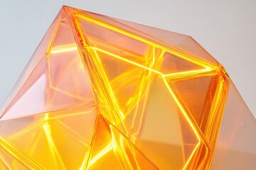 Close-up of a translucent, geometric orange light fixture emitting a warm, internal glow.