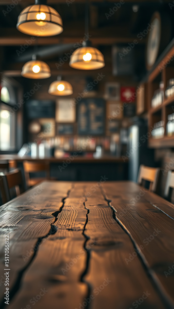 Poster empty wooden table rustic and blurred background of bar or pub for product display high quality phot
