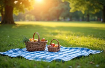 Picnic scene in park with checkered blanket and two wicker baskets filled with food. Fruits, tomatoes, herbs. Sunny day, leisure, relaxing atmosphere. Family picnic, nature outing, enjoyment, spring.