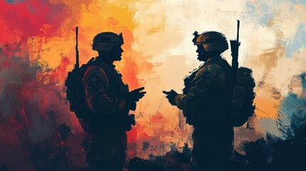 Naklejka premium Silhouetted Soldiers Conferring Amidst Fiery Abstract Background