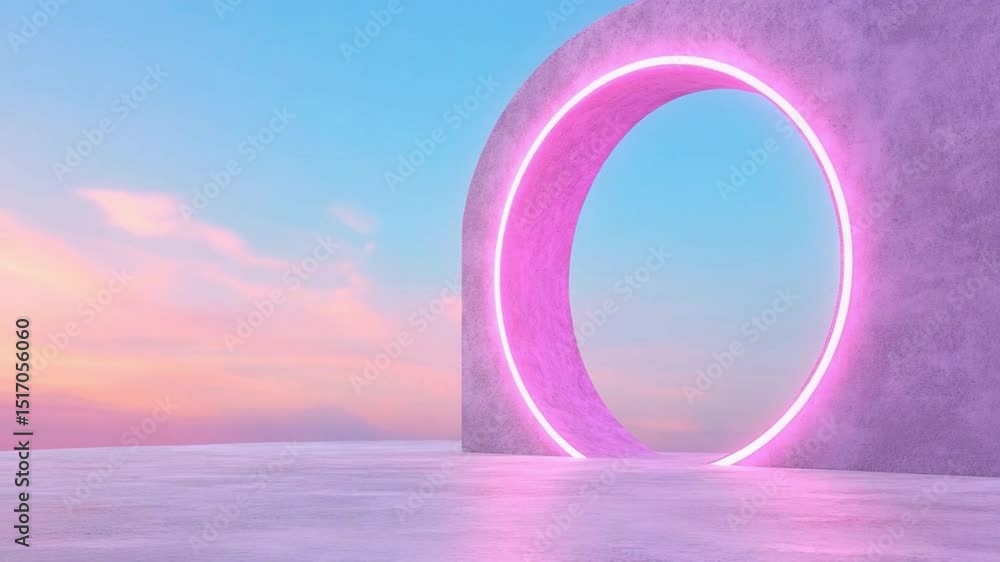 Poster neon archway at dusk: an ethereal neon archway glows invitingly against a vibrant twilight sky, cast