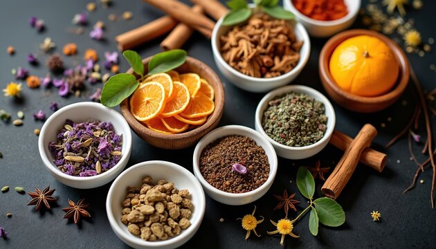 Various traditional Chinese medicine herbs arranged on dark table. Assortment of natural ingredients, spices, roots, berries, leaves, flowers for holistic health care. Alternative medicine.