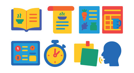 Flat vector icons of recipes and instructions: open cookbook, recipe scroll, ingredients list, measurement chart, step-by-step card, timer, sticky notes, voice instruction icon.