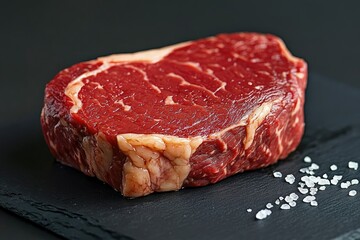 Fototapeta premium A raw, juicy ribeye steak with marbling and a sprinkle of salt on a black slate surface.