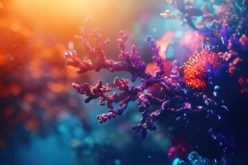 Fototapeta premium Vibrant coral reef with purple and orange hues under the sea with sunlight shining through the water.