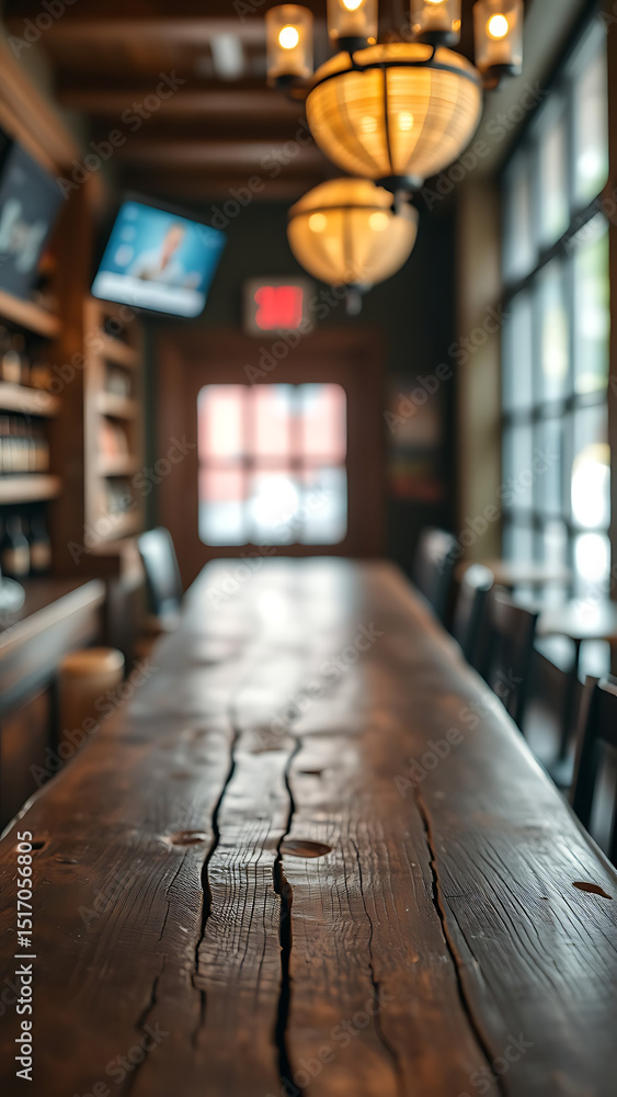 Poster empty wooden table rustic and blurred background of bar or pub for product display high quality phot