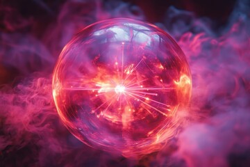 A vibrant, glowing orb surrounded by swirling, ethereal pink and purple smoke. Light beams emanating from its center.