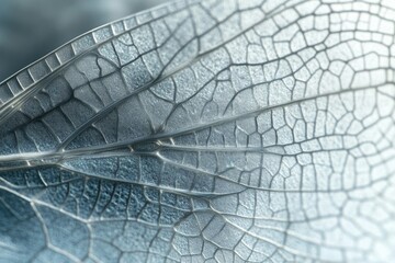 Close-up shot of a dragonfly wing, showcasing the intricate vein patterns in a shimmering, metallic blue hue.