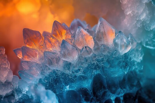 A cluster of ice crystals glows with orange light, contrasted by cool blue tones surrounding the crystalline structure in macro detail.