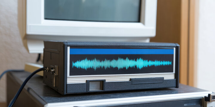 An electronic device with an audio waveform display is positioned in front of a computer monitor. Concept: technology and audio analysis