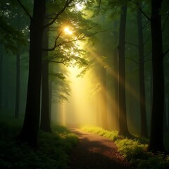 Sunrise in forest, tranquil green forest bathed in golden hour light, tall trees casting long shadows toward the right side, sun low on the left horizon, beams of sunlight streaking through branches.