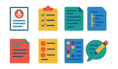 Flat vector icons of podcast scripts and planning: podcast script page, talking points checklist, show notes, outline icon, intro/outro script, content sheet, podcast segments, writing bubble.