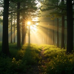 Sunrise in forest, tranquil green forest bathed in golden hour light, tall trees casting long shadows toward the right side, sun low on the left horizon, beams of sunlight streaking through branches.