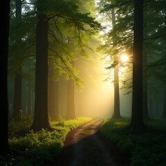 Sunrise in forest, tranquil green forest bathed in golden hour light, tall trees casting long shadows toward the right side, sun low on the left horizon, beams of sunlight streaking through branches.
