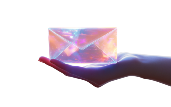 Close-up of a human hand presenting a luminous transparent email icon illustrating virtual mail and electronic correspondence isolated on transparent background PNG - Powered by Adobe