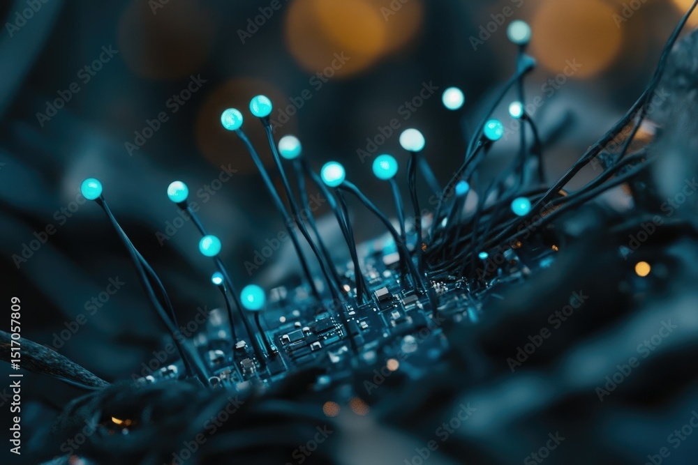 Poster abstract image of glowing blue lights sprouting from a circuit board, creating a futuristic and tech