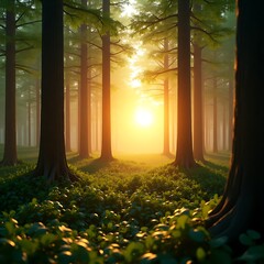 Sunrise in forest, tranquil green forest bathed in golden hour light, tall trees casting long shadows toward the right side, sun low on the left horizon, beams of sunlight streaking through branches.
