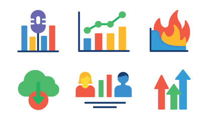 Flat vector icons of podcast analytics and insights: listener stats chart, episode views graph, retention curve, engagement spikes, download count icon, audience demographics, heatmap icon, trend