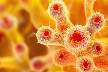 Obraz premium Close-up, possibly microscopic, image featuring orange and red structures with detailed texture and a sense of biological complexity.
