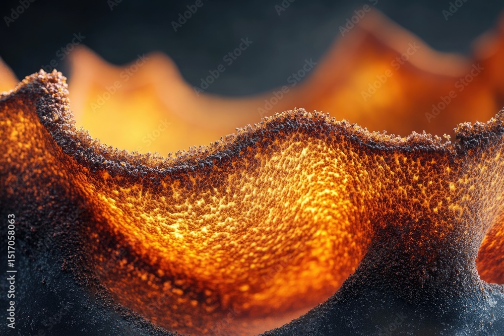 Poster abstract macro shot of a textured, fiery orange and black object with a rough, volcanic-like surface