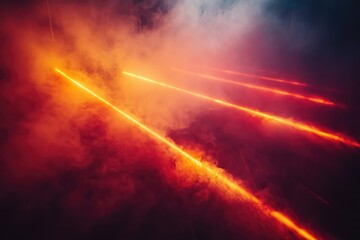 Vibrant orange and red lasers cut through a dense smoky atmosphere, creating a dynamic and surreal effect, abstract design.