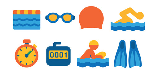 Flat vector icons of swimming exercise: swimming lane, goggles, swim cap, freestyle stroke, pool timer, lap counter, water training, swim fins.