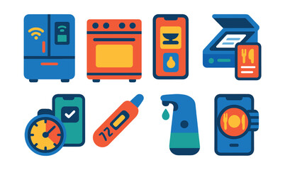 Flat vector icons of smart kitchen tools: smart fridge, app-controlled oven, kitchen scale app, recipe scanner, timer assistant, digital thermometer, auto dispenser, meal tracker.