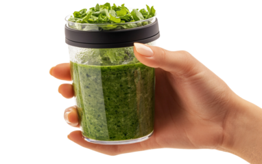 Close-up of human hands presenting vibrant green smoothie drink symbolizing wellness and detox benefits isolated on transparent background PNG