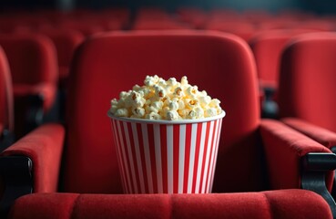 Popcorn in paper stripped bucket on red armchair in empty cinema hall. Theatrical release and movie screening. Entertainment concept. Cinema, theater, movie, films, fun.