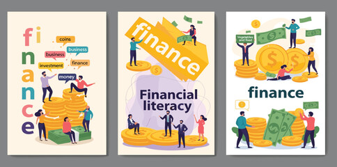 Fototapeta premium Finance and business. Vector creative abstract illustration of money, coins, financial literacy, people, businessman, man, bank, crypto for background