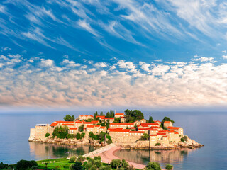 amazing seascape sunrise in isle of Svety Stefan Montenegro, morning landscape of adriatic sea isle...