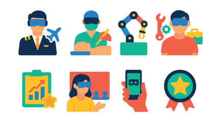 Flat vector icons of VR training and skill development: VR flight instructor, surgery tutorial icon, mechanical training arms, job skills simulator, performance tracker, VR classroom badge, immersive