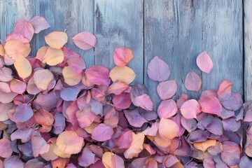 Obraz premium Pile of colorful autumn leaves in shades of pink and purple against weathered blue wood texture.