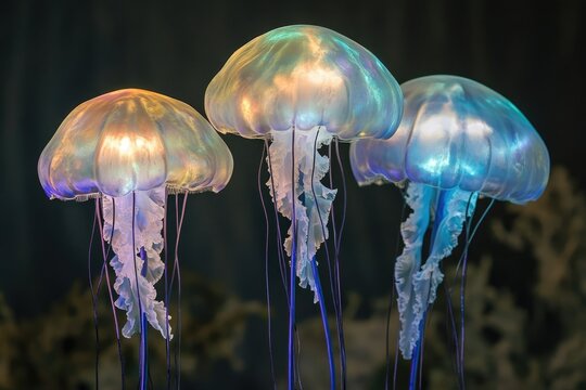 A group of luminous jellyfish floats gracefully in the dark ocean, with mesmerizing iridescence.