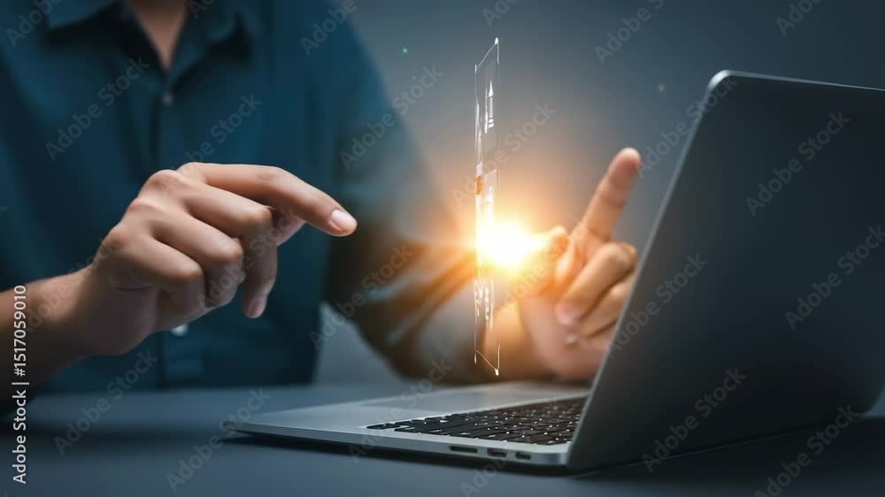 Poster person interacting with digital interface on laptop display for online banking features