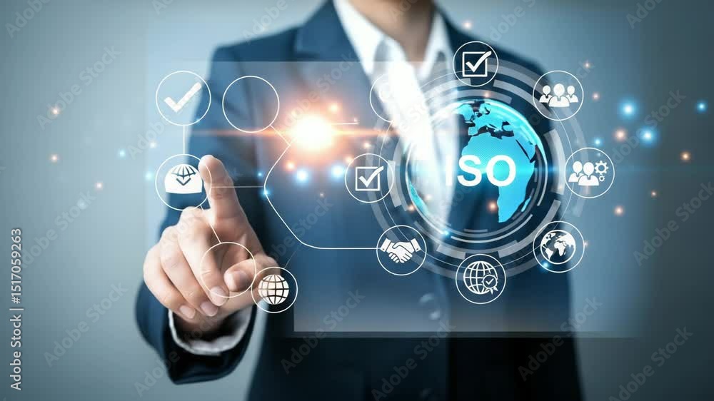 Poster Man in suit touching iso icon with finger surrounded by other icons on a blue gradient background