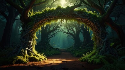 Twisted Ancient Tree Archway Surrounded by Dark Magical Forest Background
