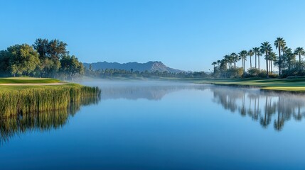 Misty morning on a golf course lake