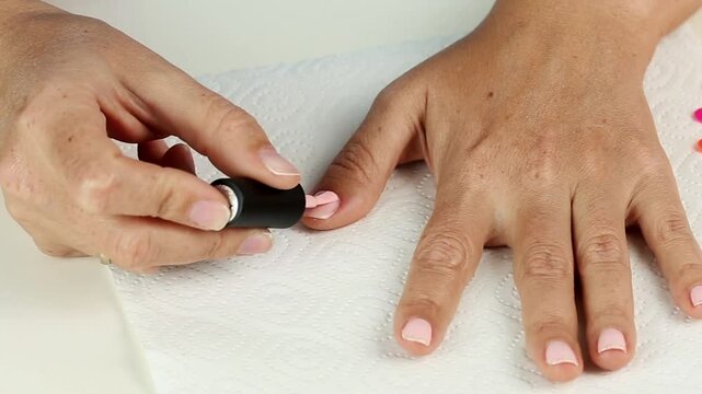 Manicure with led lamp in process. Closeup