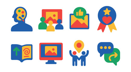 Flat vector icons of creative communities: artist profile, group critique, art feedback, community badge, shared sketchbook, online gallery, event meet-up, support thread.