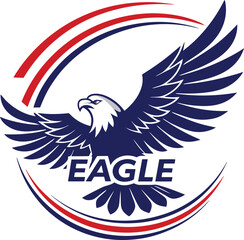 Detailed eagle logo with spread wings and patriotic red white and blue circular design element around it