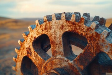 A close-up captures a weathered, rusty gear wheel with a muted background of land under a soft, light-filled sky.
