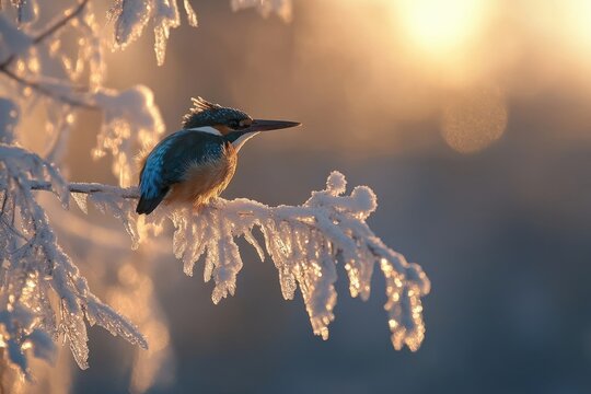 A kingfisher perches on a snow-laden branch in a frosty winter landscape, bathed in soft sunlight. - Powered by Adobe