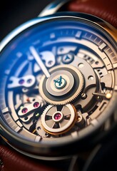 close up of a watch with a brown leather strap